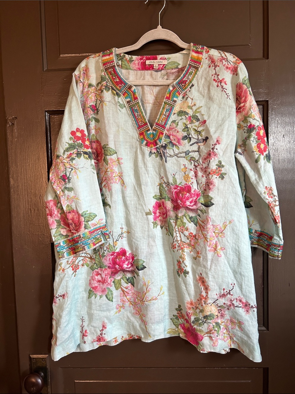 John Mark Light Blue Tunic Dress with Pink Floral Embroidery